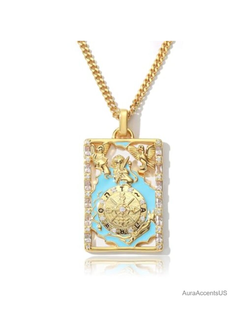 Gold Plated Square Enamel Tarot Card Amulet Pendant Necklace